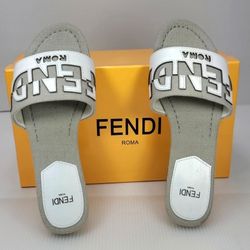 Fendi Signature Canvas and Gray Leather Slides - Size 38