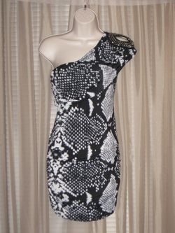 SAPA Snake Print Dress Beaded Shawled One-Shoulder Bodycon Stretch Mini Sz M (Medium) or S (Small)