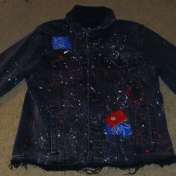 Men's Grunge Patchwork Distressed Painted Black Denim Jacket 