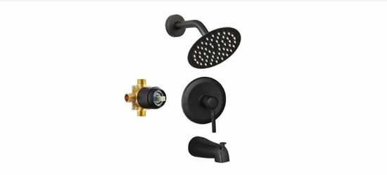 Tub Shower Faucet Set Valve Included with 6-Inch Rain Shower Head and Tub Spout Single-Handle Tub and Shower Trim Kit Matte Black