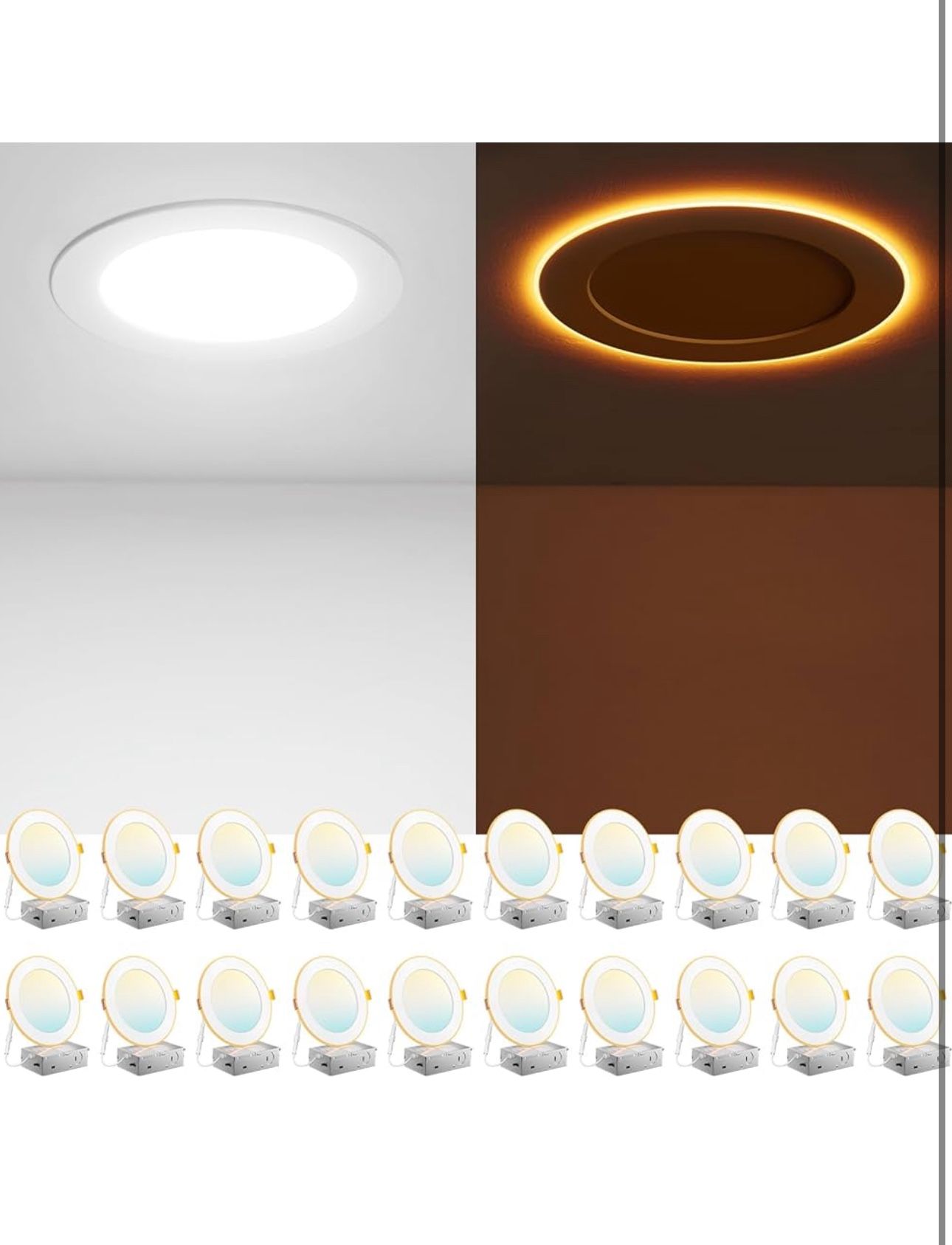 20 Pack Amico 6 Inch LED Recessed Ceiling Lights – 5CCT, Dimmable, Ultra-Thin, Canless Downlights