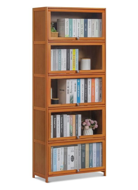 Bamboo/Acrylic 5 Shelves Bookcase with Door, Display Storage Rack, Brown, New in Box