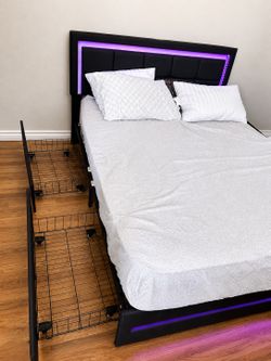 Queen Upholstered Bed Frame with LED Lights and Storage Drawers - Please Read Caption