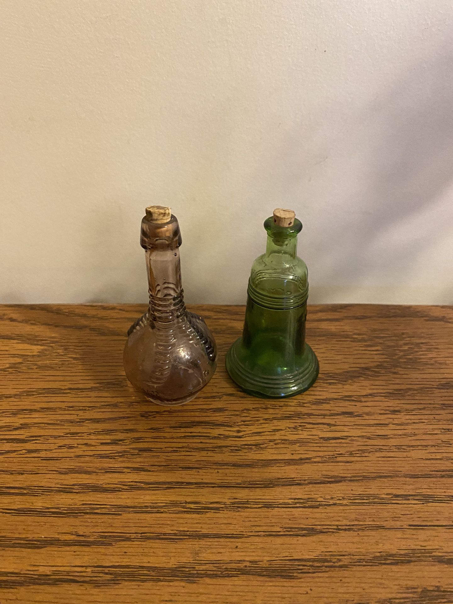 Two Antique Miniature Wheaton Glass Jars With Corks-One Is The Liberty Bell
