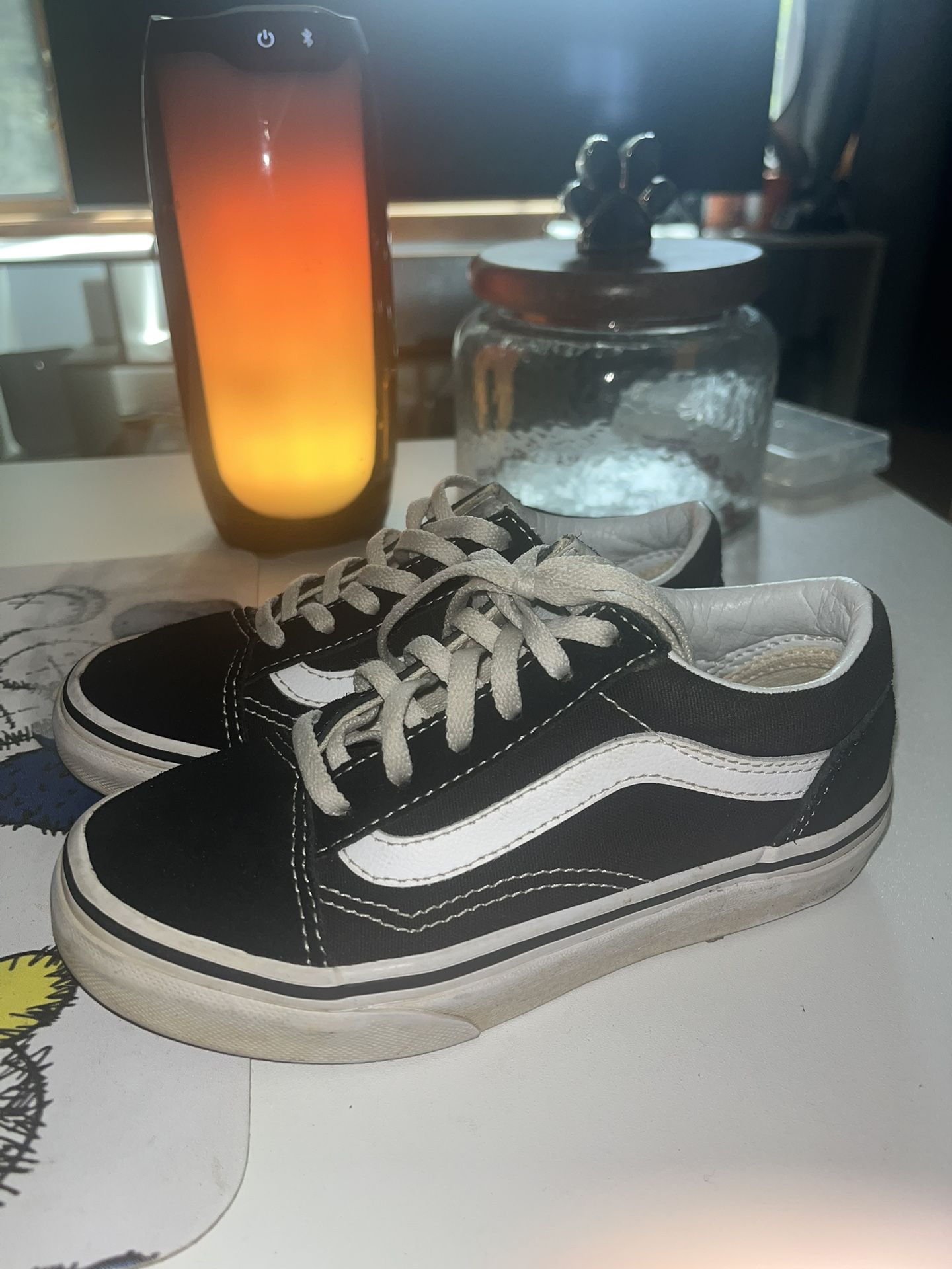 Vans Old Stool Black White Lace Up Skate Sneakers Kid Size 13