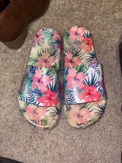 Women’s Tropical Floral Slide Sandals Size 9–10 | Colorful Summer Beach Slides