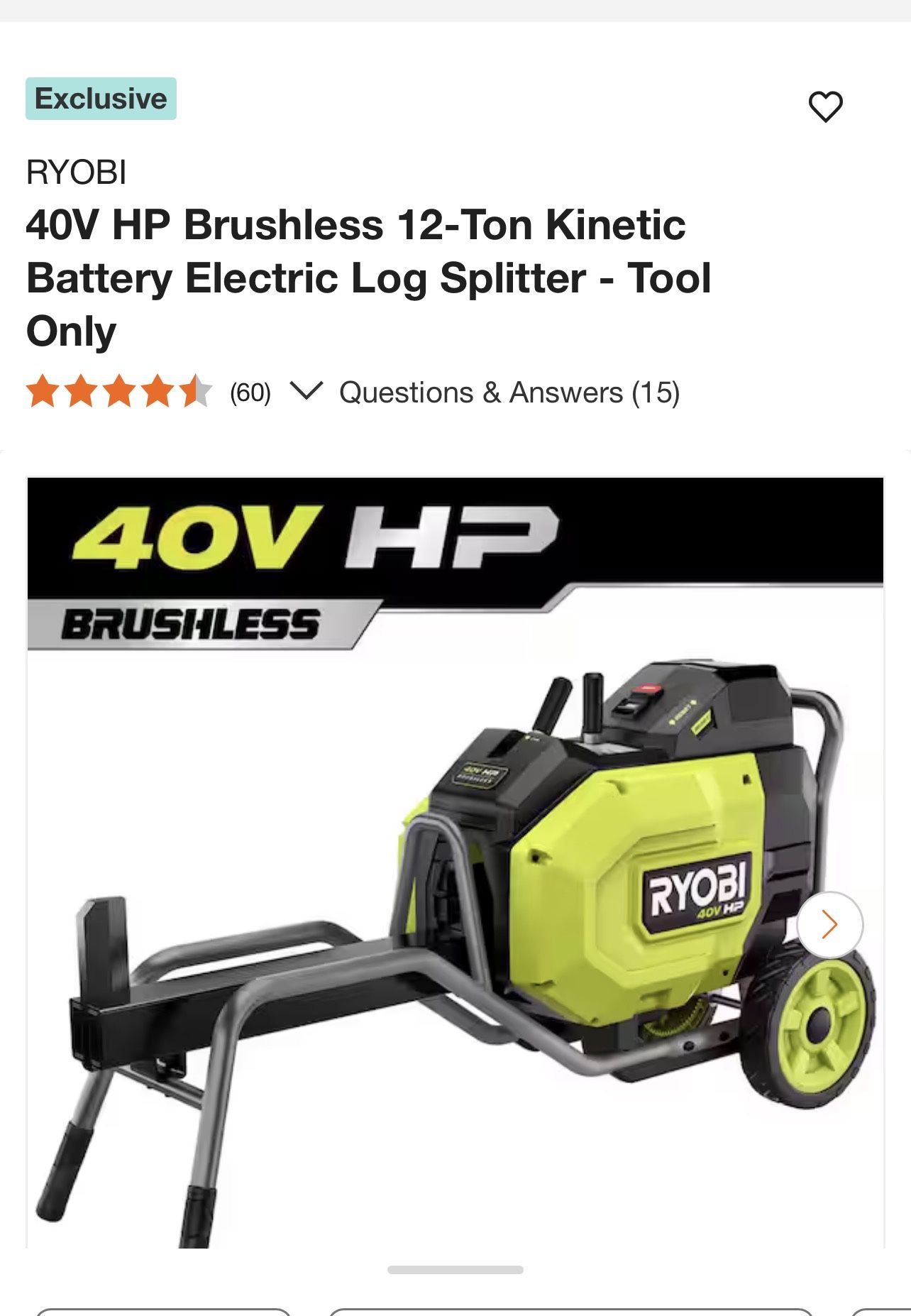 40 V Log Splitter Brand New