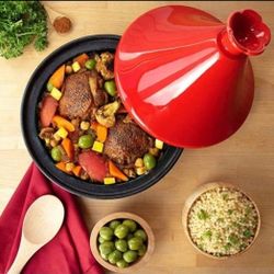 Moroccan Cast Iron 4 qt Cooker Pot, Caribbean One-Pot Tajine Cooking, Enameled Ceramic Lid- 500 F Oven Safe Dish w Large Capacity