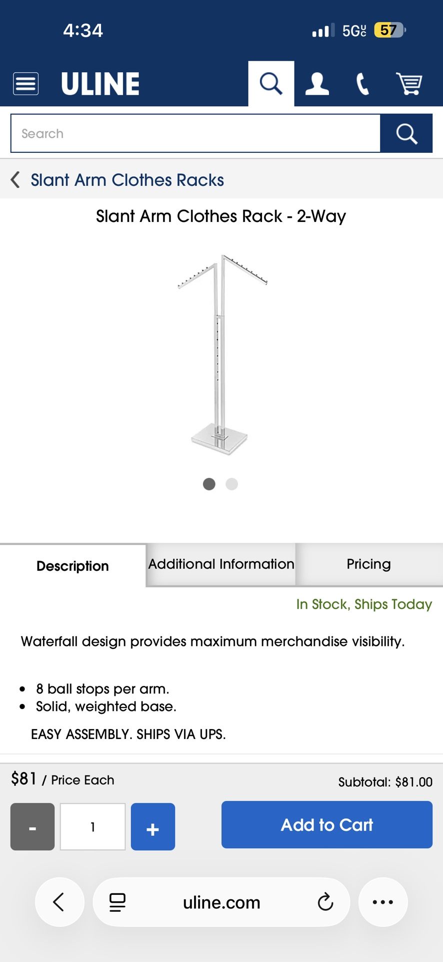 Two ULINE Slant Arm Clothes Racks 2 Way