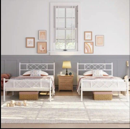 2PCS Twin Size Bed Frame with Headboard, 14 Inch Metal Platform Bed