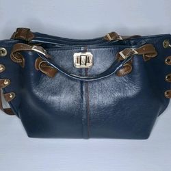 Blue Genuine Leather Tote Shoulder Bag Brown Trim Large Purse Made In Mexico