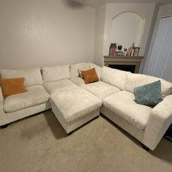 Corduroy Ivory Couch w/ Ottoman 
