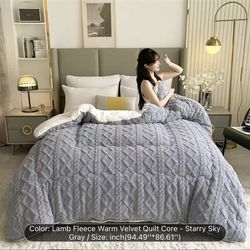 1pc Double-Sided Plush Fleece & Sheepskin Comforter - Warm, Soft, Skin-Friendly Winter Bedding with Geometric Pattern, Dry Clean Only, Deep Blue, Idea