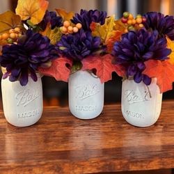 Chalk painted mason jar gift wedding - PURPLE ORANGE GOLD mums fall