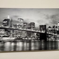 Large 23"x35" Black & White NYC Brooklyn Bridge Canvas Wall Art – Perfect Condition