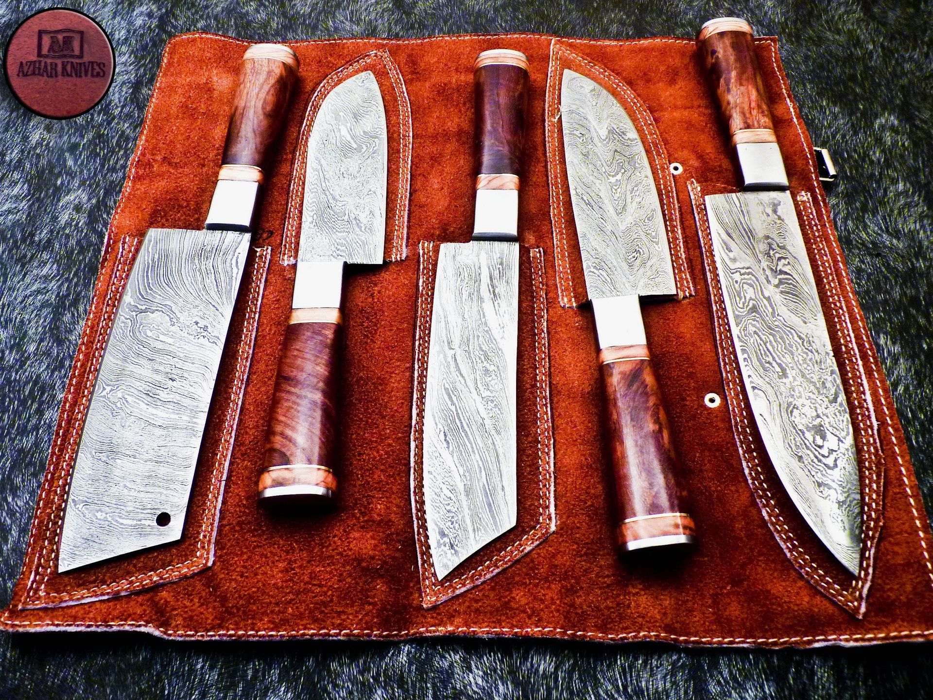 Handmade Damascus Steel 5 Pcs Chef Knives Set Comes With Leather Covering