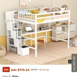 Full Size Loft Bed W Built In Desk, Bookshelves. White. 