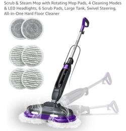BOJUK Scrub & Steam Mop with Rotating Mop Pads, 4 Cleaning Modes & LED Headlights, Swivel Steering, All-in-One Hard Floor Cleaner