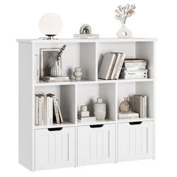 5 Cube Bookcase with 3 Drawer, Open Display Bookshelf with Wheels