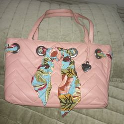 This gorgeous Sharif Quilted Tote, Soft Plush Pink Pebble Leather and Removable Floral Scarf 🧣, 13 l x 9 h x  4.5, $25.00