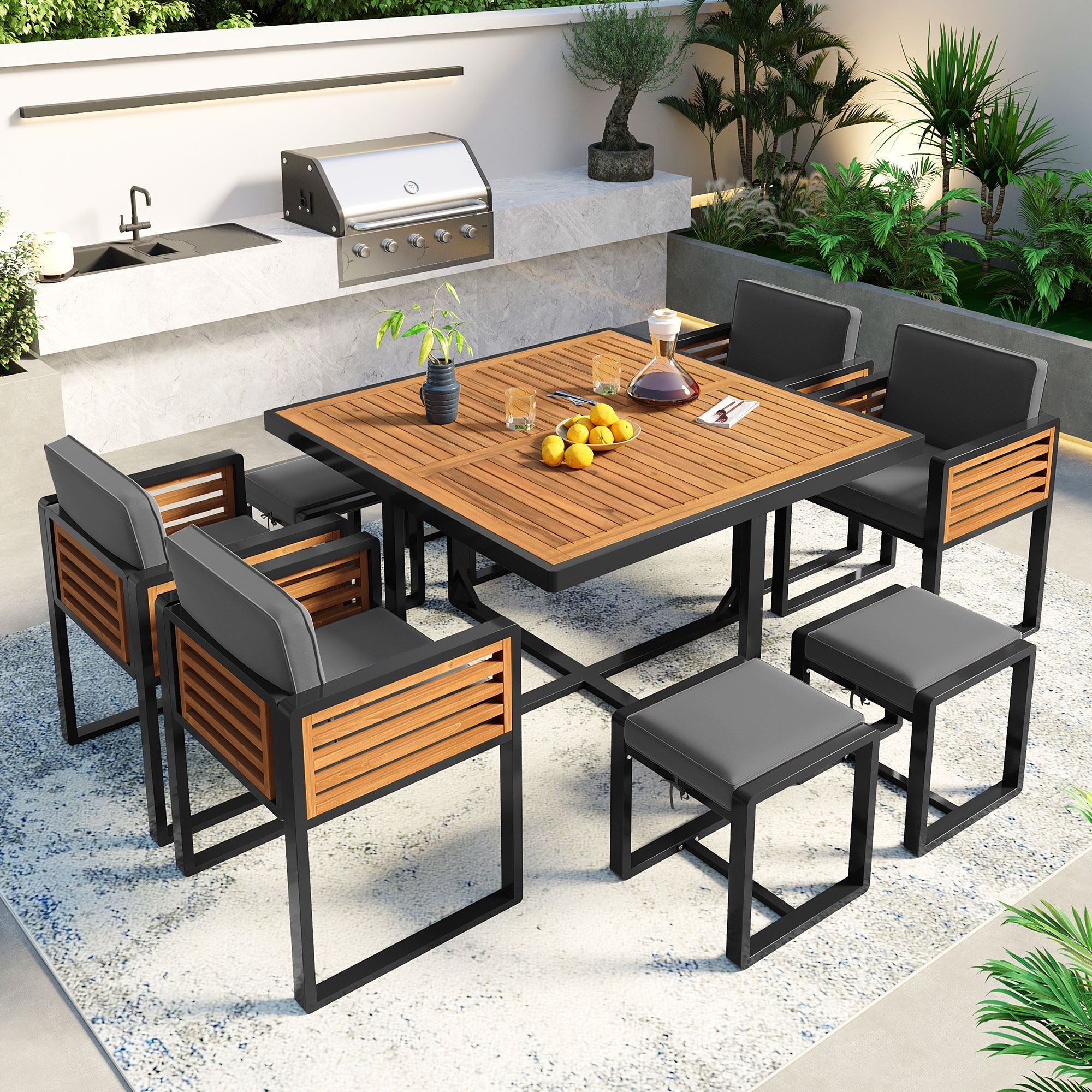 GO 9-Pieces Acacia Wood Patio Dining Set, Space Saving Outdoor Patio Set, 4 Cushioned Chairs & 4 Ottomans & 1 Square Table, for Backyard, Garden, Deck