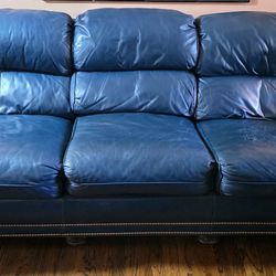 Studded Blue Leather Couch 