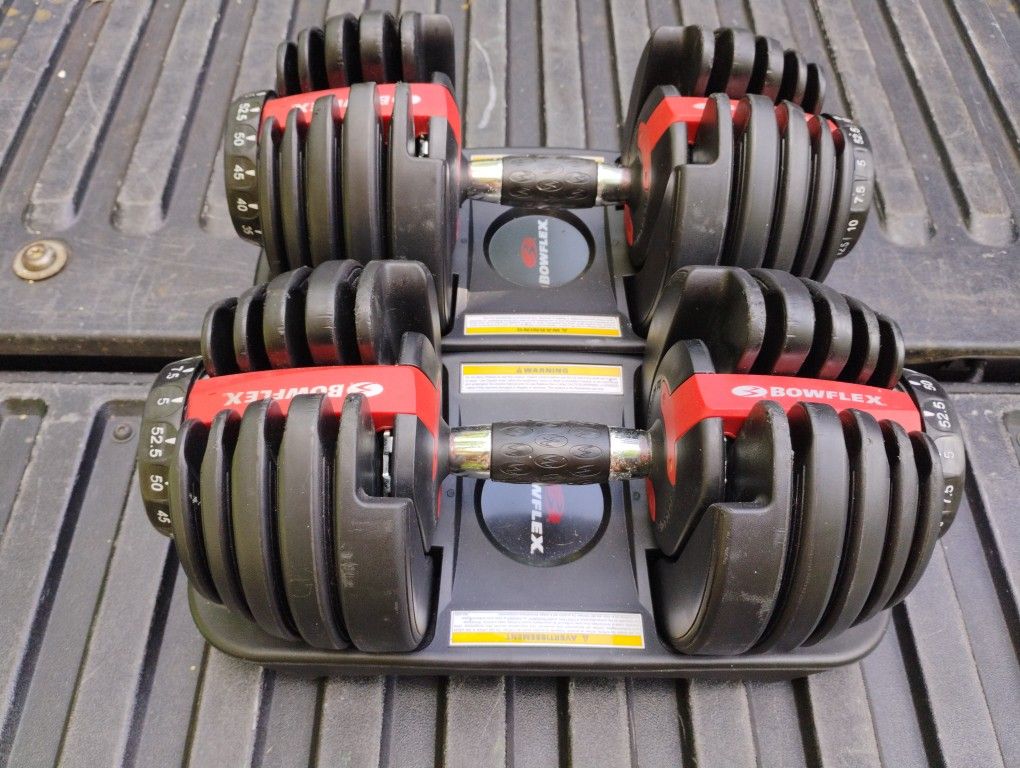 PAIR  OF  ADJUSTABLE  BOWFLEX  DUMBBELLS  :  EACH  ONES  GOES  UP TO  55 LBS.  =  105  LBS.  TOTAL 