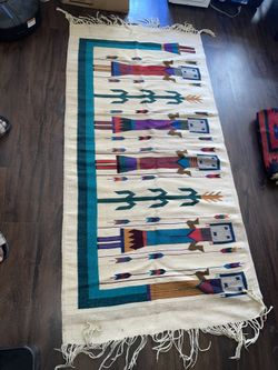 Hand Made vintage navajo kilim yeibichai rug with southwestern folk art style