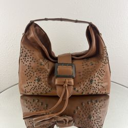 Western Boho Light Brown Faux Leather Studded Buckle Slouchy Shoulder Bag Purse