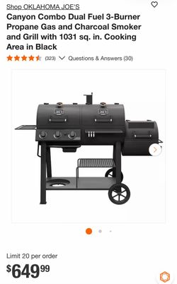 Shop OKLAHOMA JOE'S Canyon Combo Dual Fuel 3-Burner Propane Gas and Charcoal Smoker and Grill with 1031 sq. in. Cooking Area in Black