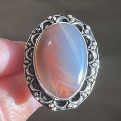 Size 8 925 Silver Overlay Banded Agate Ring Size 