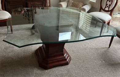 Dining Room Set:  52” square (curved edges) Glass Dining Table w Wood Pedestal Base.  Chairs also available!