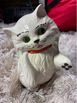 7” Ceramic White Cat Green Eyes W/Ribbon Handcrafted High Gloss Glazed Finish