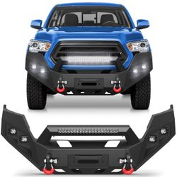 Pofenze Front Bumper For Toyota Tacoma 3rd Gen 2016-2023 W/Winch Plate, 144W Light Bar, 4x18w Lights, D-Rings, License Plate Bracket