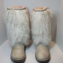 Ugg Australia Sheepskin Mongolian Tall  Cuff Boots Sz 8 Sand /Tan