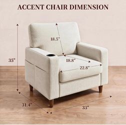 New Cream Fabric Accent Chair with Cup Holder