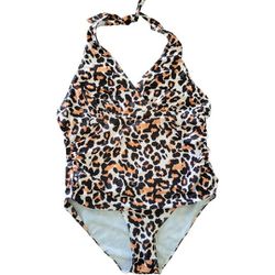 Womens leopard print one piece halter top style bathing suit size 18W