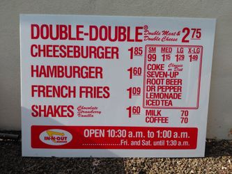 Large in n out Burger  menu board sign