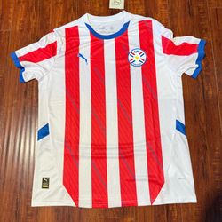 PUMA Paraguay National Team Soccer Jersey White/Red Strips Sz Lrg Slim Brand New