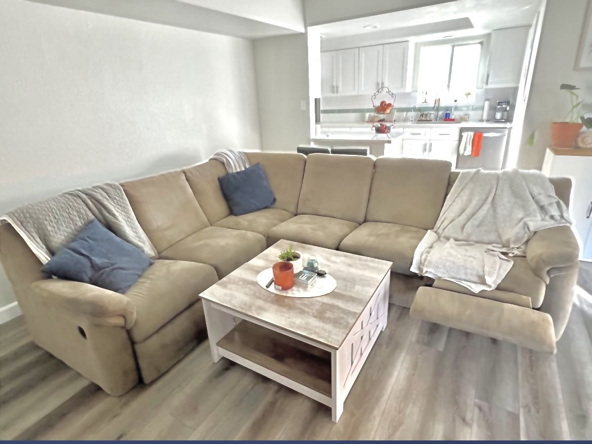 Beige Ashley 3 Piece Sectional Couch W Recliner