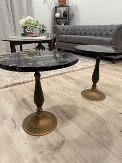 Marble tables / side tables / end table set of 2 / real marble top and brass base /