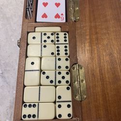 Vintage Game Set. Cards. Cribbage. And Dominos. Box Is Solid Wood.  All Is Original Except Cards. Some Were Missing, So Replaced Them. 