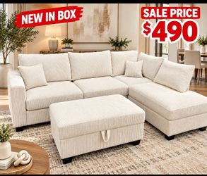 Gorgeous ‼️ sectional sofa with storage ottoman Ivory Corduroy
