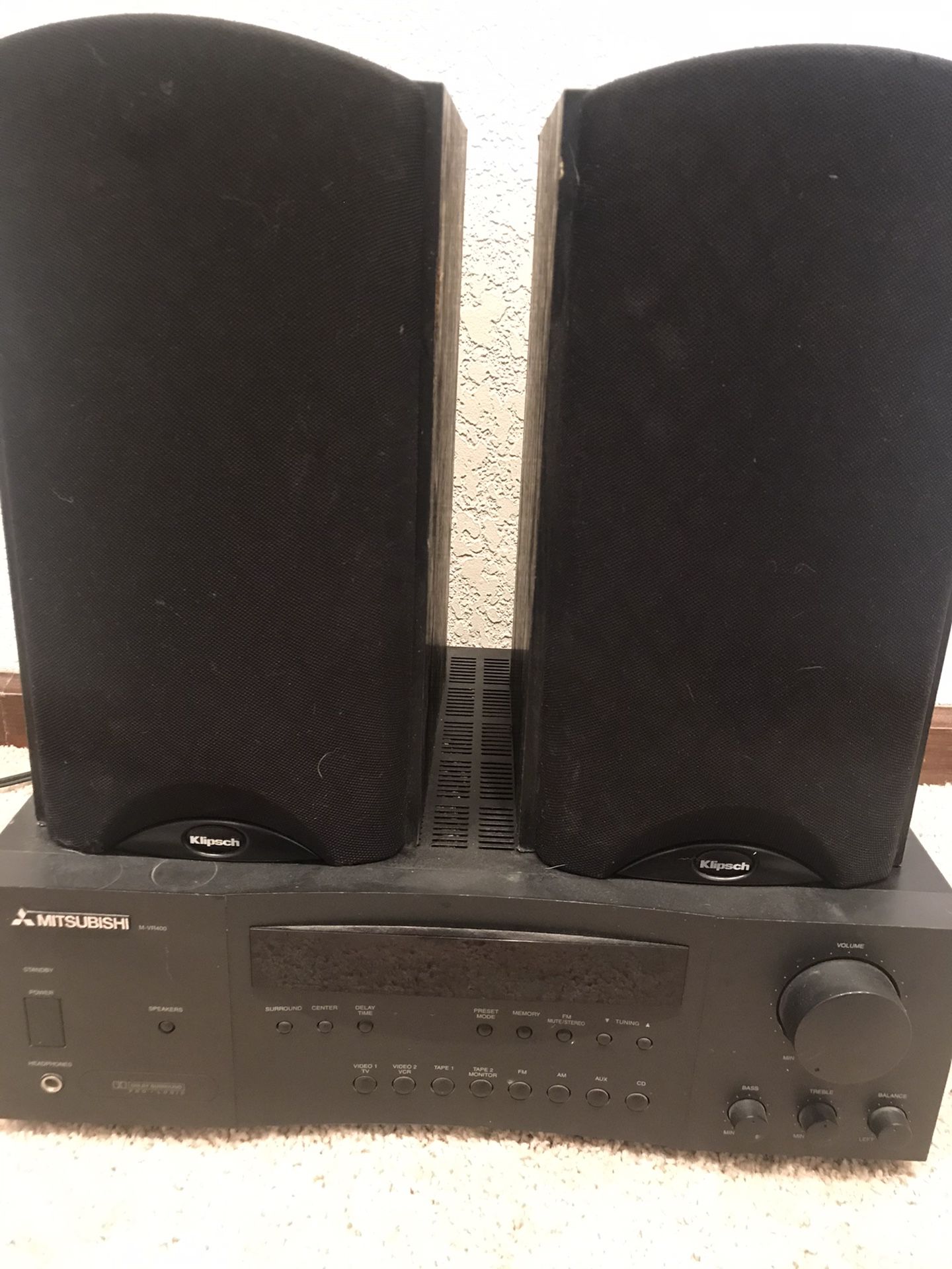 Pair of Klipsch speakers and Mitsubishi receiver