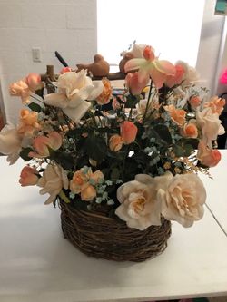 Wicker Floral Basket With Handle, Ceramic Birds