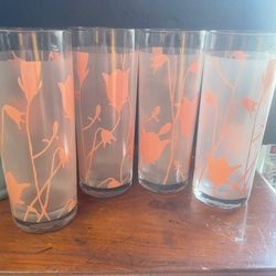 Vintage Coral Color Set Four Floral Cocktail Glasses 