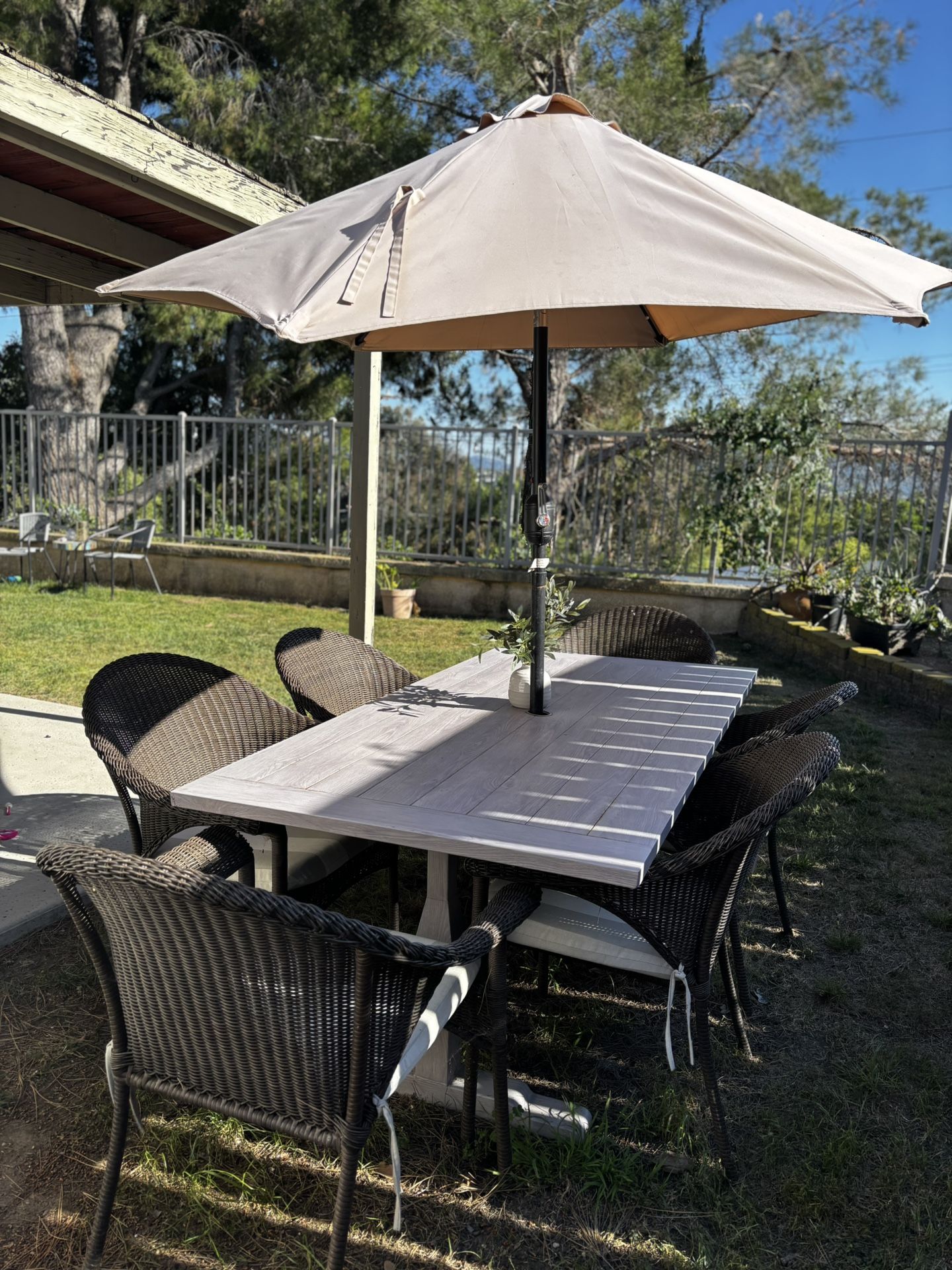 Beautiful Allen + Roth Outdoor Dining Set with 6 Wicker Chairs, Umbrella, and Plant
