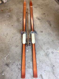 Vintage Wooden Skis with Pole and Bindings