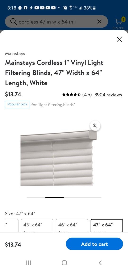 Mainstay Cordless 1" Viny Light Filtering Blinds 47"  WIDTH X 64" LENGHT WHITH