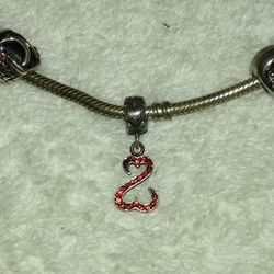 Sterling Silver Red Rhinestone Open Double Hearts Bracelet Charm